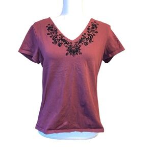 Christopher & Banks V Neck Short Sleeve Shirt Embroidered Red Women's Medium